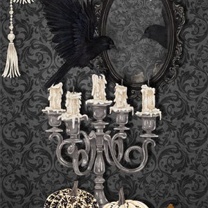 May include: A black and white Halloween themed fabric panel featuring a black raven, a silver candelabra with six candles, and a group of pumpkins with various patterns. The panel is 43 inches by 24 inches.
