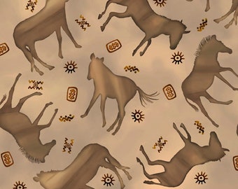 Könnte beinhalten: Ein nahtloses Muster mit Silhouetten von Zebras auf einem beigefarbenen Hintergrund mit braunen geometrischen Formen. Die Zebras sind in verschiedenen Posen, einige rennen, einige stehen und einige liegen. Das Muster erinnert an alte Höhlenmalereien.