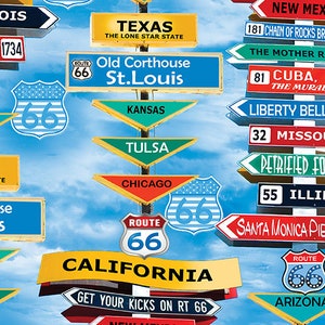 Puede incluir: Una colección de señales de carretera de estilo vintage coloridas con imágenes de la Ruta 66. Las señales apuntan a varios destinos, incluyendo St. Louis, Tulsa, Chicago, California y Arizona. Las señales están decoradas con estrellas, rayas y el icónico logotipo de la Ruta 66.