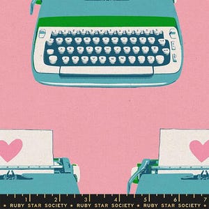 May include: Illustration of vintage typewriters in teal and green against a pink background. The typewriters have white keys and are shown with paper and a pink heart. The text "RUBY STAR SOCIETY" is at the bottom.