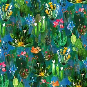 May include: A vibrant, painterly pattern featuring a variety of cacti and desert plants. The design showcases a rich palette of greens, blues, yellows, oranges, and pinks. The artwork has a textured, brushstroke effect, creating a lively and artistic botanical theme.