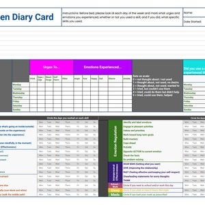 Cartão de diário DBT e rastreador de habilidades - SUD, adolescente, adolescente, adulto. Versão colorida simplificada em PDF e Excel Ferramentas de terapia para uso de substâncias