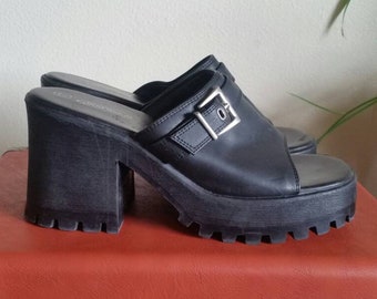 Black Chunky Platform Clogs - Size 7 - Lower East Side Sandals - Chunky Clogs w Silver Buckle - Peep Toe Platform Shoes - Vegan Leather