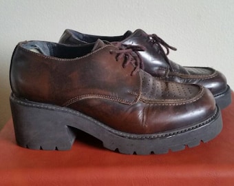 90s Steve Madden Platform Shoes - Size 7.5 - Chunky Platform Shoes - Vintage Oxford Platforms - Brown Leather Platforms - 90s Chunky Clogs