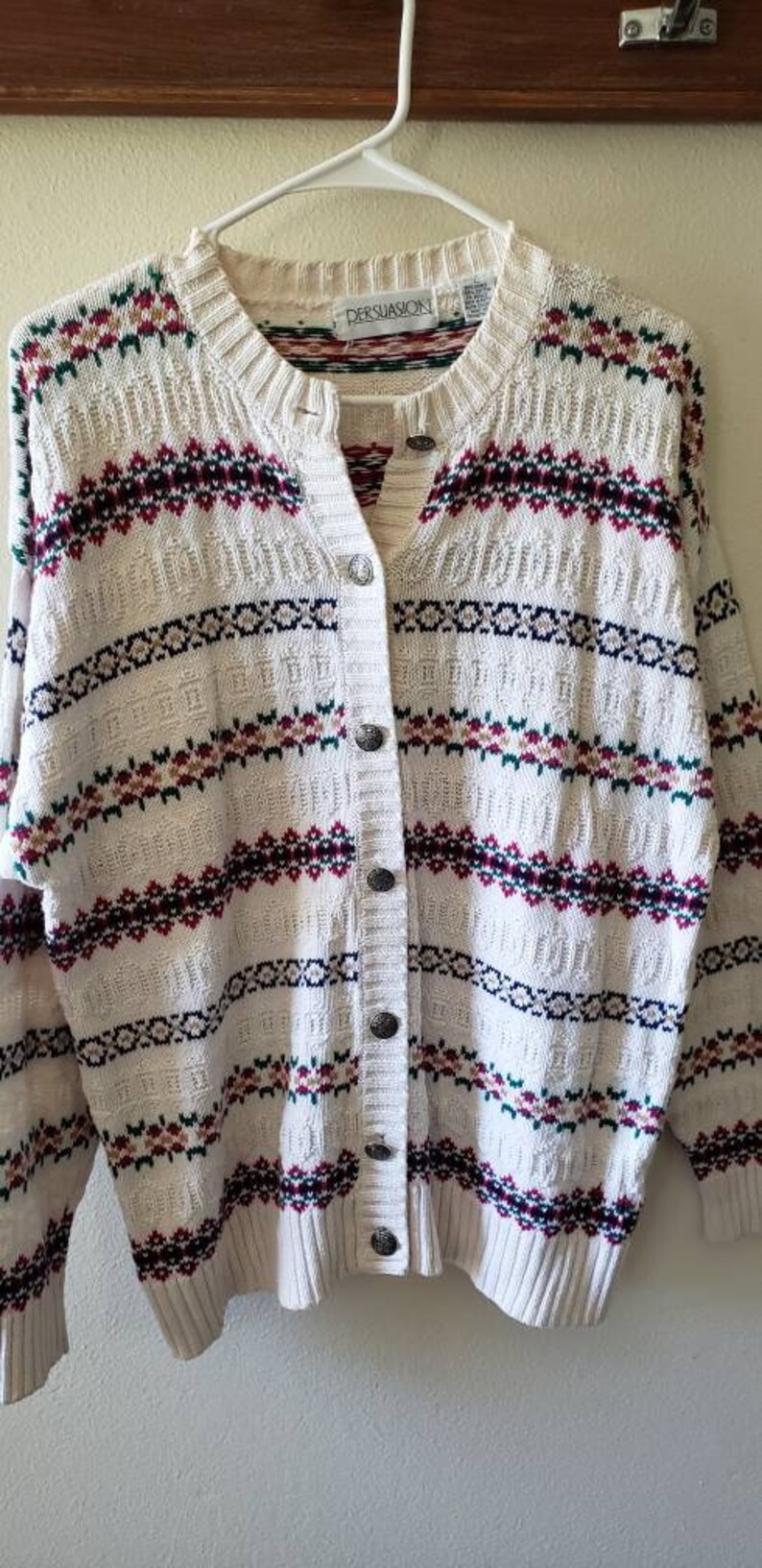 Oversize Chunky Button Up Sweater Cream 90s Striped Cardigan Sweater Womens Size Large Thick Cozy Striped Sweater with Floral Pattern