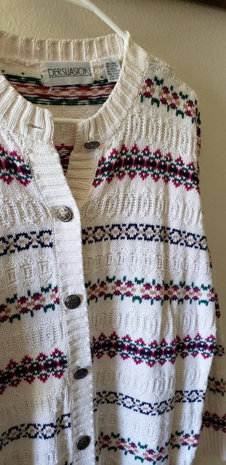 Oversize Chunky Button Up Sweater Cream 90s Striped Cardigan Sweater Womens Size Large Thick Cozy Striped Sweater with Floral Pattern
