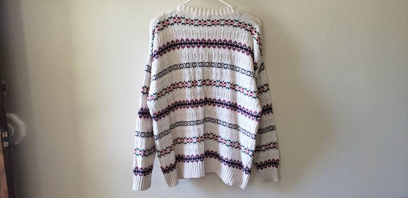 Oversize Chunky Button Up Sweater Cream 90s Striped Cardigan Sweater Womens Size Large Thick Cozy Striped Sweater with Floral Pattern