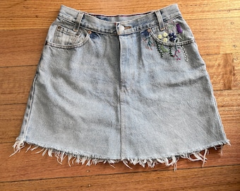 Hand embroidered denim skirt