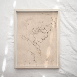 Puede incluir: Un dibujo a lápiz en blanco y negro enmarcado de la cabeza y los hombros de una persona. La persona está mirando hacia abajo y su cabello está peinado en un bob corto y ondulado. El dibujo está sobre papel marrón claro y está firmado "M. Marin" en la esquina inferior derecha.