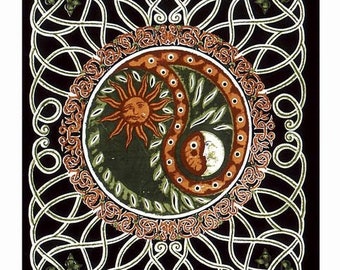 Sun & Moon Celtic Yin Yang Curtain - Single Panel, Irish Print Window Cover, Celtic Knot Wall Hanging, 100% Cotton Welsh Decoration