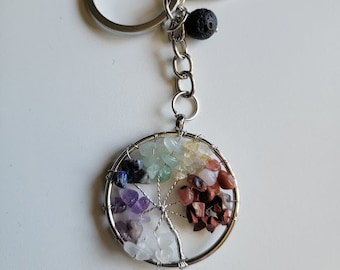 Chakra Tree of Life Keychain, Natural Stone Accessory, Wire Wrapped Crystal Charm, Hippy Gemstone Keychain, Boho Accessory, Rainbow Stone