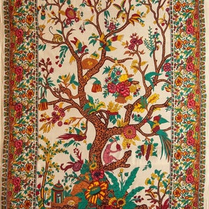 May include: A tapestry featuring a colorful tree of life design with birds, flowers, and animals. The tree is brown with a leopard print pattern and is surrounded by green leaves and flowers. The tapestry has a white background and a border of pink, orange, and green flowers.