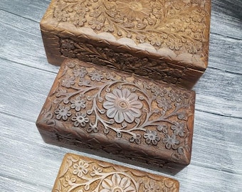 Flower Floral Wood Celtic Box Set, Irish Wooden Box, Welsh Keepsake, Hand Engraved Magic, Witch Tarot Card, Wiccan, Pagan, Small, Med, Large