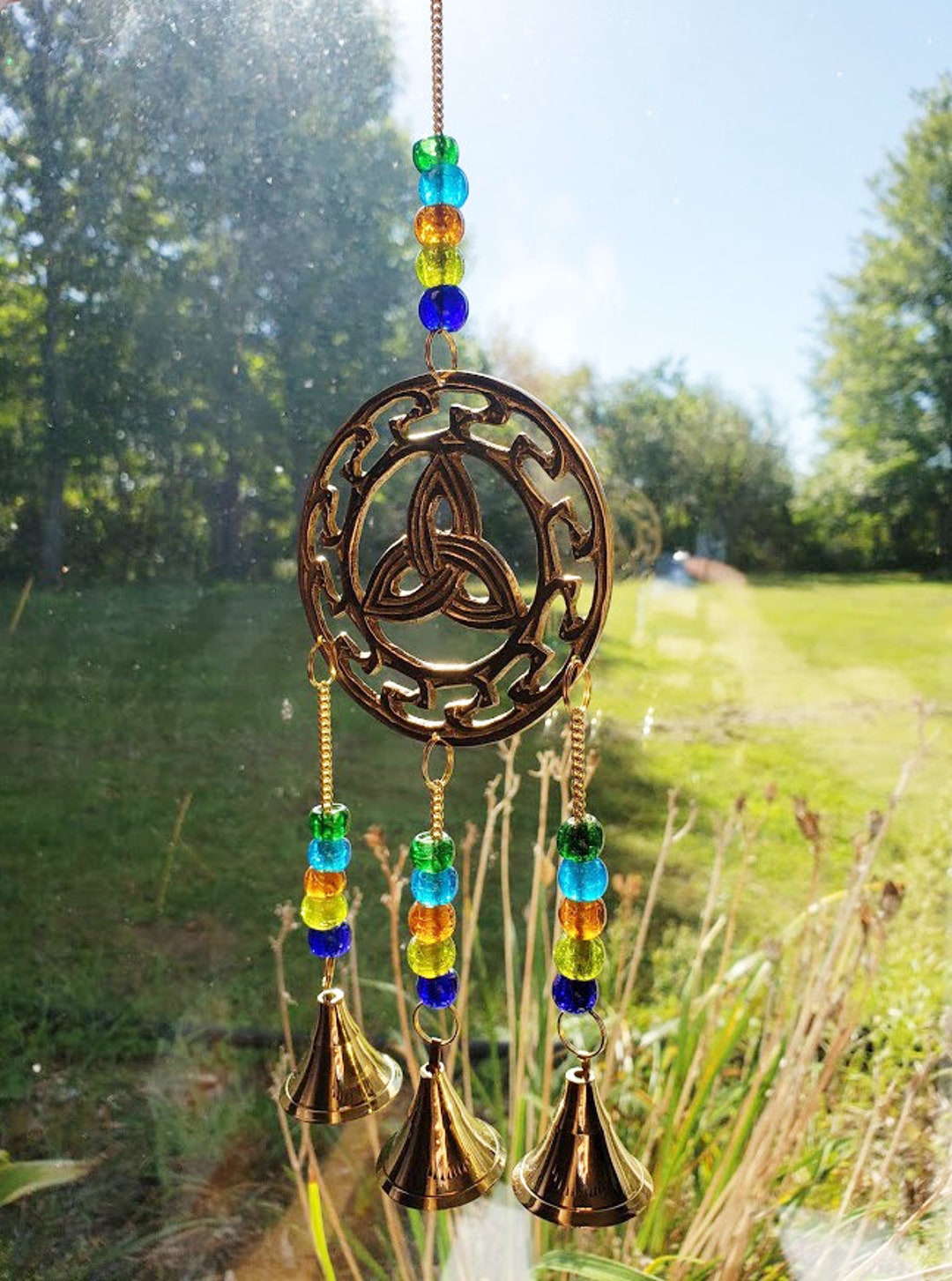 Metal Celtic Triquetra Knot Wind Chime, Irish Sun Catcher With Bells