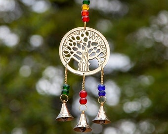 Metal Celtic Tree of Life Wind Chime, Irish Sun Catcher with Bells, Brass Welsh Dreamcatcher, Rainbow Chakra Bead Charm