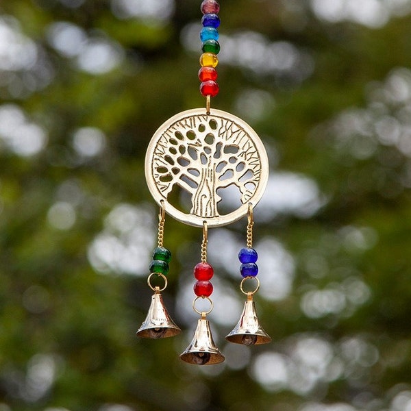 Metal Celtic Tree of Life Wind Chime, Irish Sun Catcher with Bells, Brass Welsh Dreamcatcher, Rainbow Chakra Bead Charm