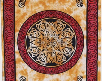 Yellow Celtic Knot Tapestry, Tie Dye, Irish Twin Bed Spread, Renaissance Festival Wall Hanging, Welsh Table Cloth, 100% Cotton Decoration