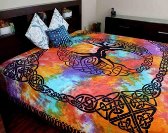 Celtic Tree of Life Tapestry, Tie Dye, Irish Full Bed Spread, Renaissance Festival Wall Hanging, Welsh Table Cloth, Decoration