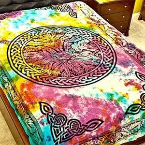 Tie Dye Celtic Green Man Tapestry, Irish Twin Bed Spread, Renaissance Festival Wall Hanging, Welsh Table Cloth, 100% Cotton Decoration