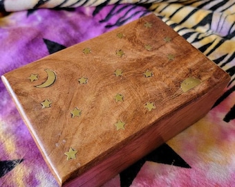 Carved Celestial Wood Celtic Box Metal Inlay, Irish Wooden Box, Welsh Keepsake, Hand Engraved Magic, Witch Tarot Card, Wiccan, Pagan, Brass