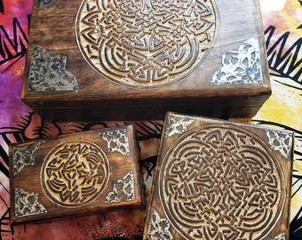 Celtic Knot Wood Celtic Box Set, Irish Wooden Box, Welsh Keepsake, Hand Engraved Magic, Witch Tarot Card, Wiccan, Pagan, Small, Med, Large