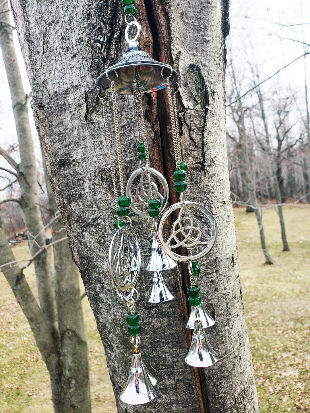 Metal Celtic Knot Wind Chime, Irish Sun Catcher With Bells, Brass Welsh