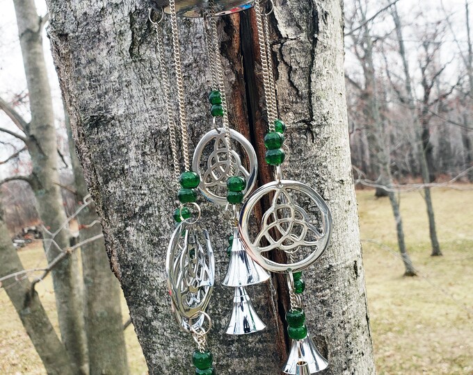 Metal Celtic Knot Wind Chime, Irish Sun Catcher With Bells, Brass Welsh