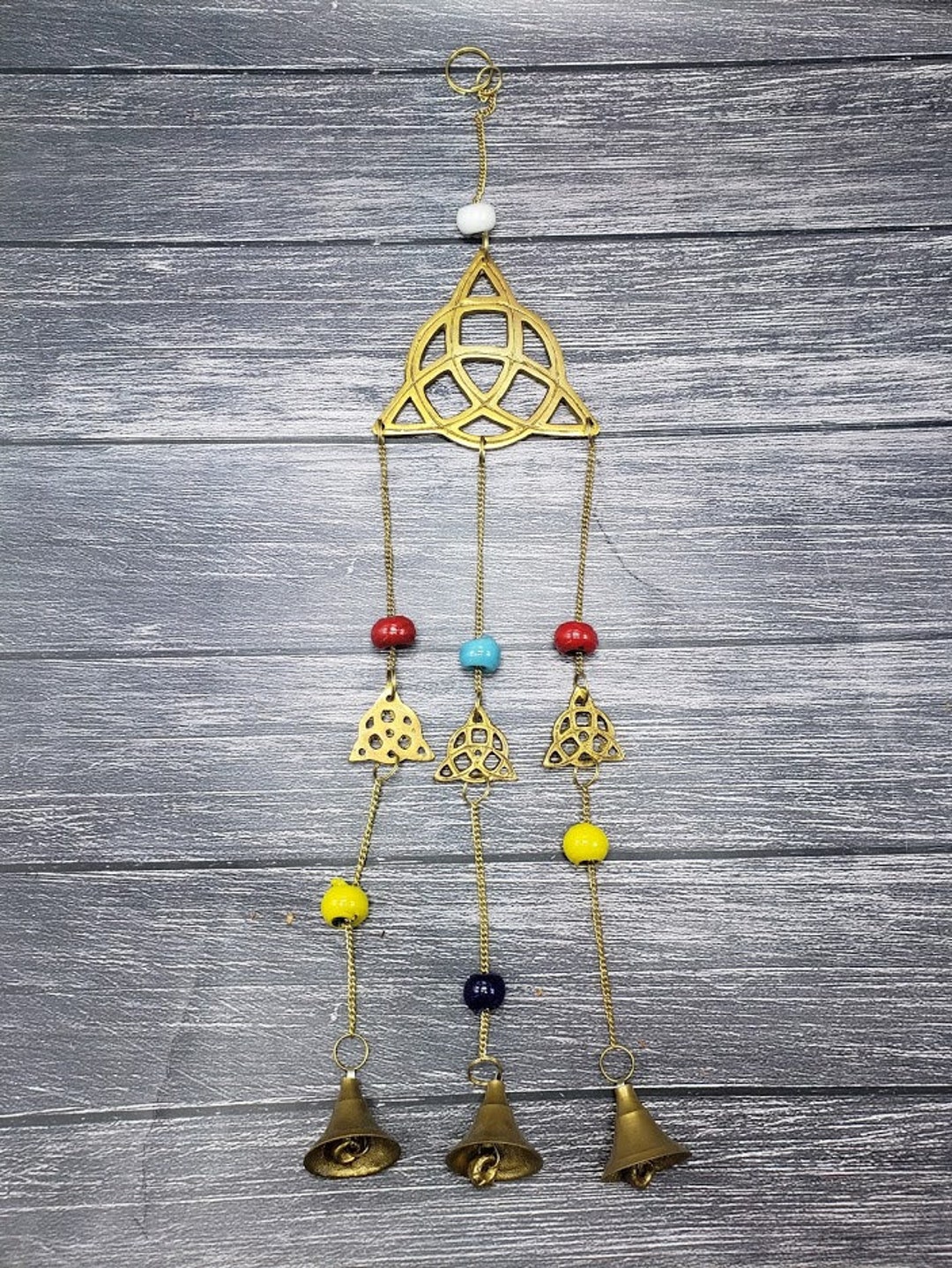 Metal Celtic Knot Wind Chime, Irish Sun Catcher With Bells, Brass Welsh