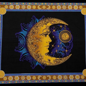 May include: A tapestry featuring a crescent moon with a clock face and a sun with a human face. The moon and sun are surrounded by intricate gold and blue designs. The tapestry has a black background and a gold and blue border.