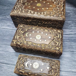 Celestial Floral Wood Celtic Box Set, Irish Wooden Box, Welsh Keepsake, Hand Engraved Magic, Witch Tarot Card, Wiccan, Pagan, Sm, Med, Large
