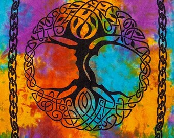 Tie Dye Tree of Life Celtic Curtain - Single Panel, Irish Window Cover, Renaissance Festival Wall Hanging, 100% Cotton Welsh Decoration