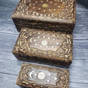 Celestial Floral Wood Celtic Box Set, Irish Wooden Box, Welsh Keepsake, Hand Engraved Magic, Witch Tarot Card, Wiccan, Pagan, Sm, Med, Large