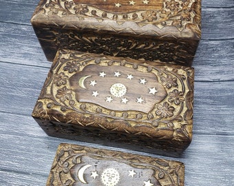 Celestial Floral Wood Celtic Box Set, Irish Wooden Box, Welsh Keepsake, Hand Engraved Magic, Witch Tarot Card, Wiccan, Pagan, Sm, Med, Large