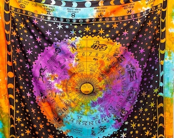 Zodiac Fringe Tapestry, Celestial Heavy Weight Tablecloth, Full Bed Spread, Tie Dye Astrological Wall Hanging, 100% Cotton Cloth Decoration
