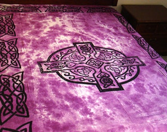 Arazzo con croce celtica viola, tie-dye, copriletto singolo irlandese, arazzo da parete per festival rinascimentali, tovaglia gallese, decorazione in 100% cotone