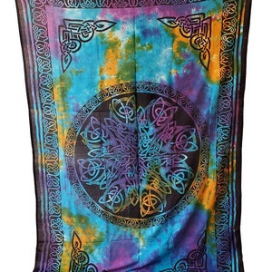 May include: A tapestry with a tie-dye background in shades of blue, purple, and green. The center of the tapestry features a large black Celtic knot design. The border of the tapestry is a repeating black Celtic knot pattern.