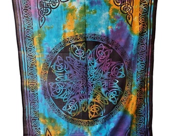 Tie Dye Celtic Circular Knot Tapestry, Irish Twin Bed Spread, Renaissance Festival Wall Hanging, Welsh Table Cloth, 100% Cotton Decoration