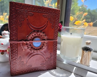 Triple Moon Leather Moonstone Journal, Welsh Embossed Notebook , Irish Scrapbook with Latch, Recycled Paper, Writing Book, Gift For Writers