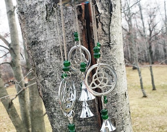 Metal Celtic Knot Wind Chime, Irish Sun Catcher with Bells, Brass Welsh Dreamcatcher, Triquetra Trinity Knot Bead Charm