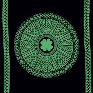May include: Black tapestry with a green Celtic knot design featuring a four-leaf clover in the center.