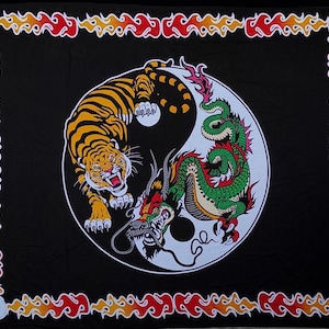Yin Yang Dragon & Tiger Tapestry, Full Twin Bed Spread, Renaissance Festival Wall Hanging, Welsh Table Cloth, Yin Yan Cotton Decoration
