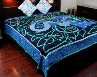 Blue Celtic English Dragon Tapestry, Irish Full Bed Spread, Renaissance Festival Wall Hanging, Welsh Table Cloth, 100% Cotton Decoration