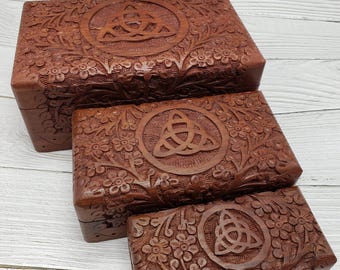 Triquetra Knot Wood Celtic Box Set, Irish Wooden Box, Welsh Keepsake, Hand Engraved Magic, Witch Tarot Card, Wiccan, Pagan, Sm, Med, Large