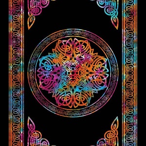 May include: A colorful tie-dye tapestry with a Celtic knot design in the center. The tapestry has a black background and a border of intricate knots.