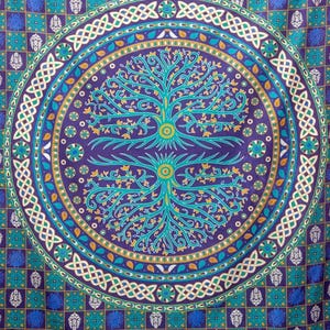 Blue/Green Celtic Tree of Life Tapestry, Irish Twin Bed Spread, Renaissance Festival Wall Hanging, Welsh Table Cloth, 100% Cotton Decoration