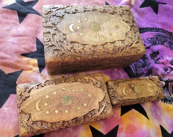 FLAWED Celestial Floral Wood Celtic Box Set, Irish Keepsake Wooden Box, Hand Engraved Magic, Witch Tarot Card, Wiccan, Pagan, Sm, Med, Large