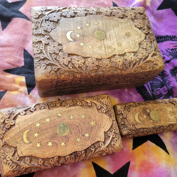 FLAWED Celestial Floral Wood Celtic Box Set, Irish Keepsake Wooden Box, Hand Engraved Magic, Witch Tarot Card, Wiccan, Pagan, Sm, Med, Large