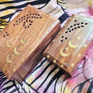 Celestial Wood Box Set, Moon & Stars Metal Inlay, Irish Wooden Box, Welsh Keepsake, Hand Engraved Magic, Witch Tarot Card, Wiccan, Pagan