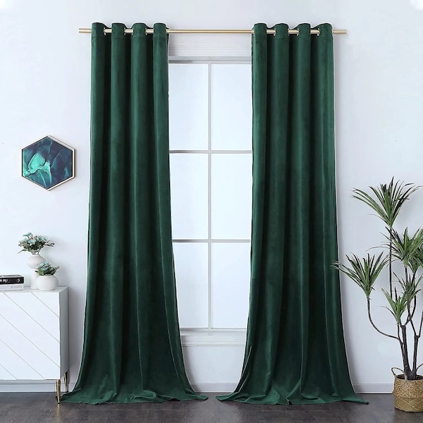 Forest Green Grommet Sheen Velvet Curtain Panel 2PC, Luxury Heavy Thick & Soft Beautiful Lined Curtain Drapes