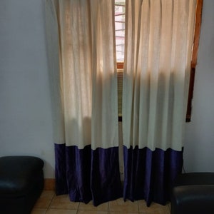 Dual hidden Pole/Rod pocket Linen and Velvet Curtain Panel in White and Purple (Dual Fabric ) Luxury Quality Cotton Linen and Velvet Viscose